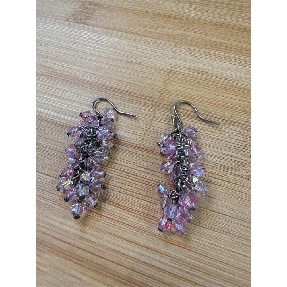 Y2K Pink Crystal Cluster Dangle Drop Earrings Beaded Unbranded